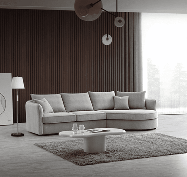 Aluxo Rubin Curved Corner Chaise Sofa in Pebble Boucle - Luxe Comfort Design for Modern Interiors - UK Luxury Furniture